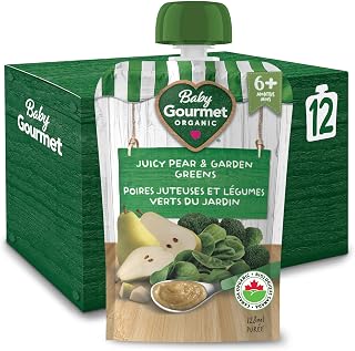 Baby Gourmet Juicy Pear & Garden Greens Purée, 12 × 128 mL Pouches | 6 Months+ | Organic Baby Food | No Added Sugar or Salt | Made in Canada