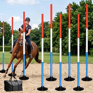 Horse Agility Poles Set of 6-6FT Adjustable Detachable Pole Bending Equipment with Metal Ground Spikes & Storage Bag - for Equestrian, Soccer Speed Drills, Pet Obstacle Training & More