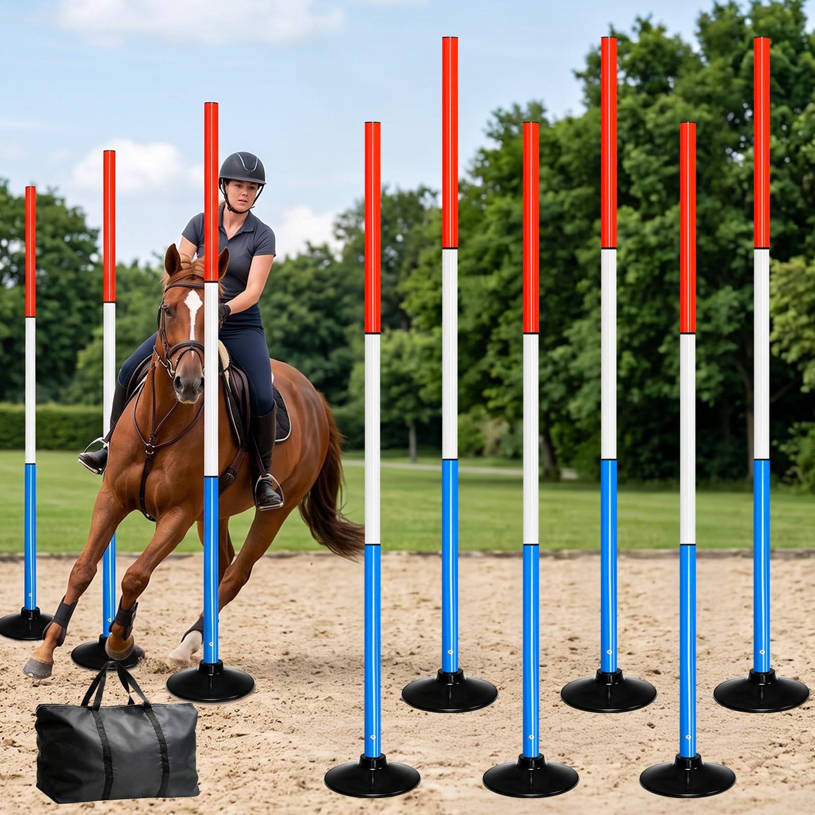 Horse Agility Poles Set of 6-6FT Adjustable Detachable Pole Bending Equipment wi