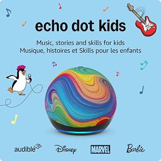 Amazon Echo Dot Kids with Alexa (newest model), Designed for kids, with parental controls, Includes 1 Year of Amazon Kids+, Designed for Alexa+, Rainbow Swirl