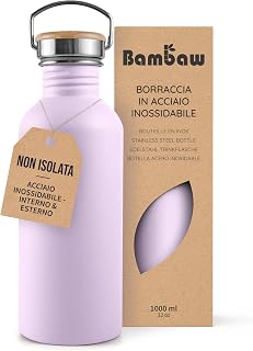 Bambaw Water Bottle 1 Litre Steel Non Insulated Purple Water Bottle, Gym Bottle, Sport, Camping Bottle - Lilac Lavender