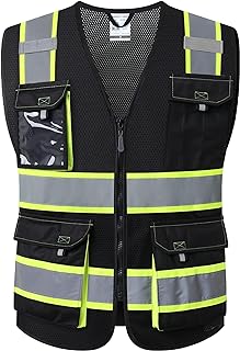 JKSafety Safety Vest for Men Women Hi Vis Reflective Vest JK220 Black L | 5 utility Pockets 4 Reflective Strips High Visibility Mesh Fabric Construction Safety Apparel Neon for Work