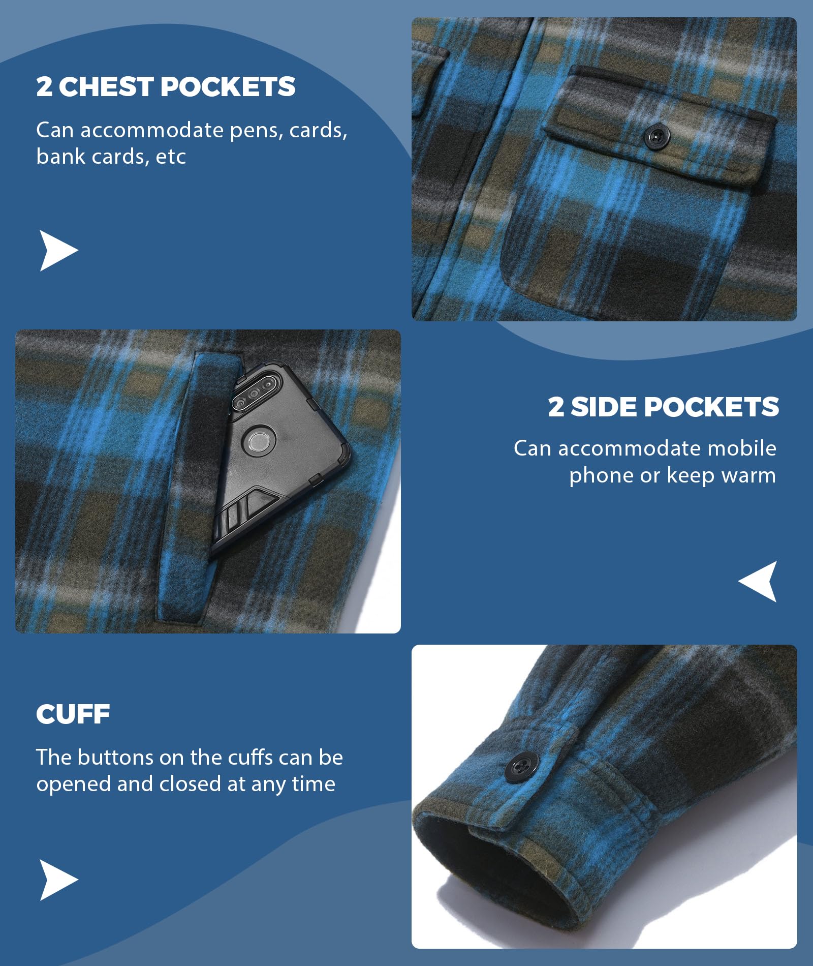 ZITY Mens Flannel Hooded Jacket Fleece Sherpa Lined Plaid Zip Up Sweatshirt