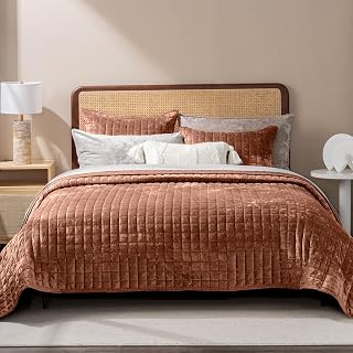 RECYCO Channel Box Stitch Velvet Quilt Set, King Size, Terracotta