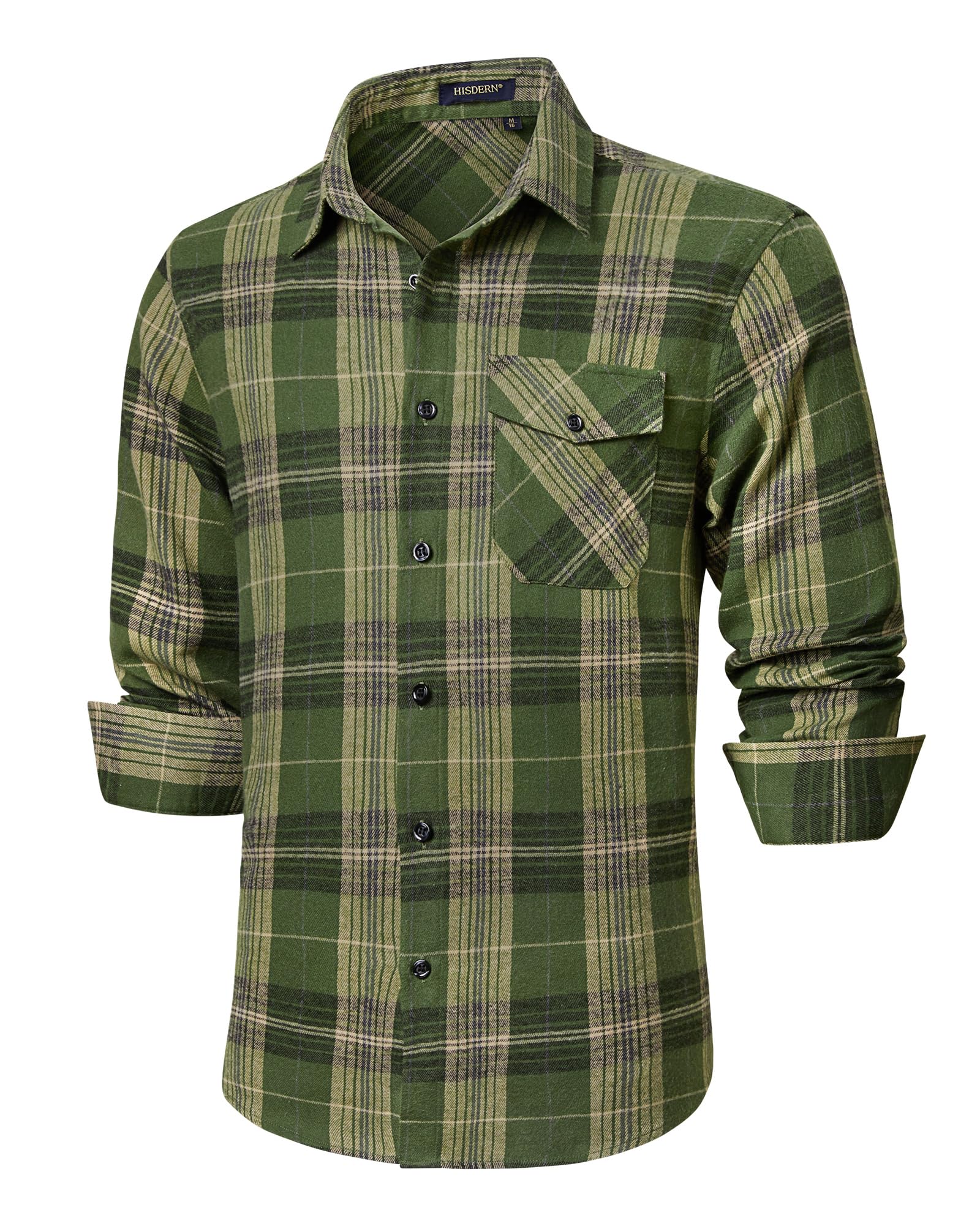 HISDERN Men's Long Sleeve Casual Plaid Flannel Shirt Checked Tartan Button Down 