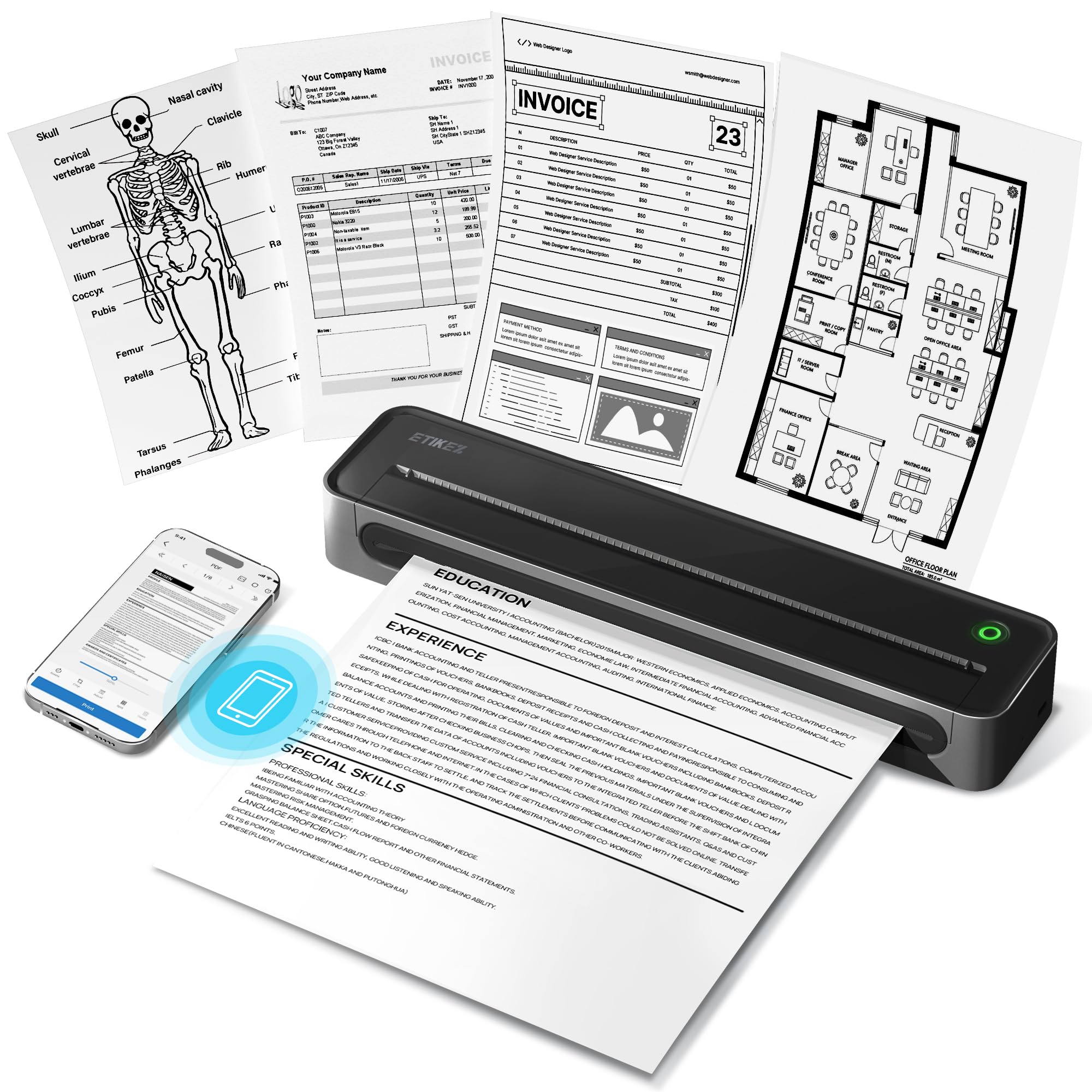 ETIKEZ D90E Inkless Portable Thermal Printer for Travel – 8.5" x 11", Black | Wi