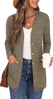 GRECERELLE Womens Cardigan Long Sleeve Open Front Cardigans Button Down V Neck Ribbed Knit Lightweight Outerwear with Pocket