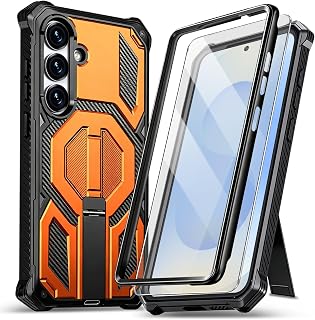 Full-Body Bumper Protective Case for Samsung Galaxy S25 5G Case [with 2 Screen Protector] Hidden Adjustable Metal Kickstand, Heavy-Duty Shockproof Rugged Magnetic Cover (Orange, Samsung S25)