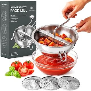 Ergonomic Food Mill Stainless Steel with 3 Grinding Milling Discs-Rotary Food Mill for Tomato Sauce, Applesauce, Puree, Mashed Potatoes, Jams, Baby Food