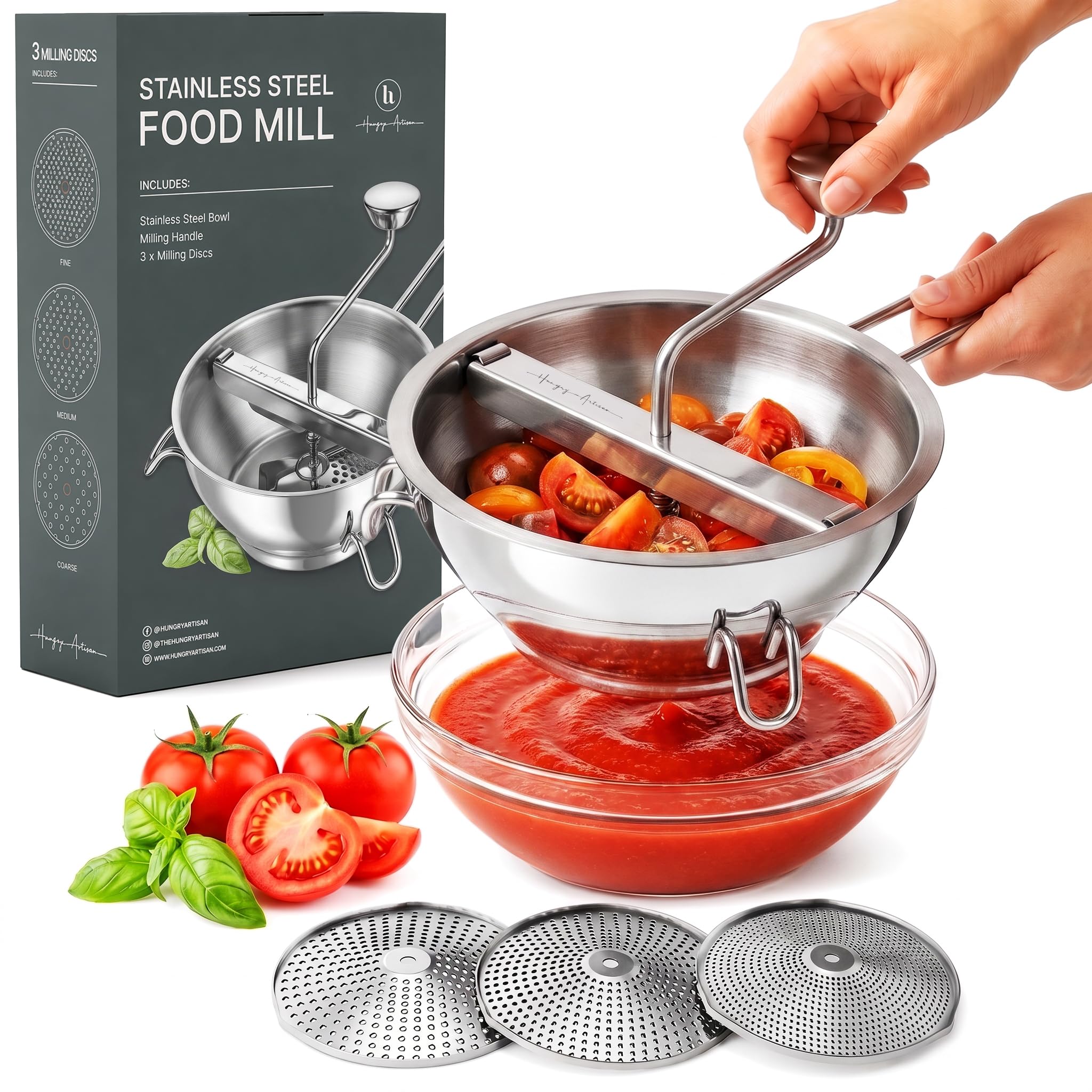Ergonomic Food Mill Stainless Steel with 3 Grinding Milling Discs-Rotary Food Mi