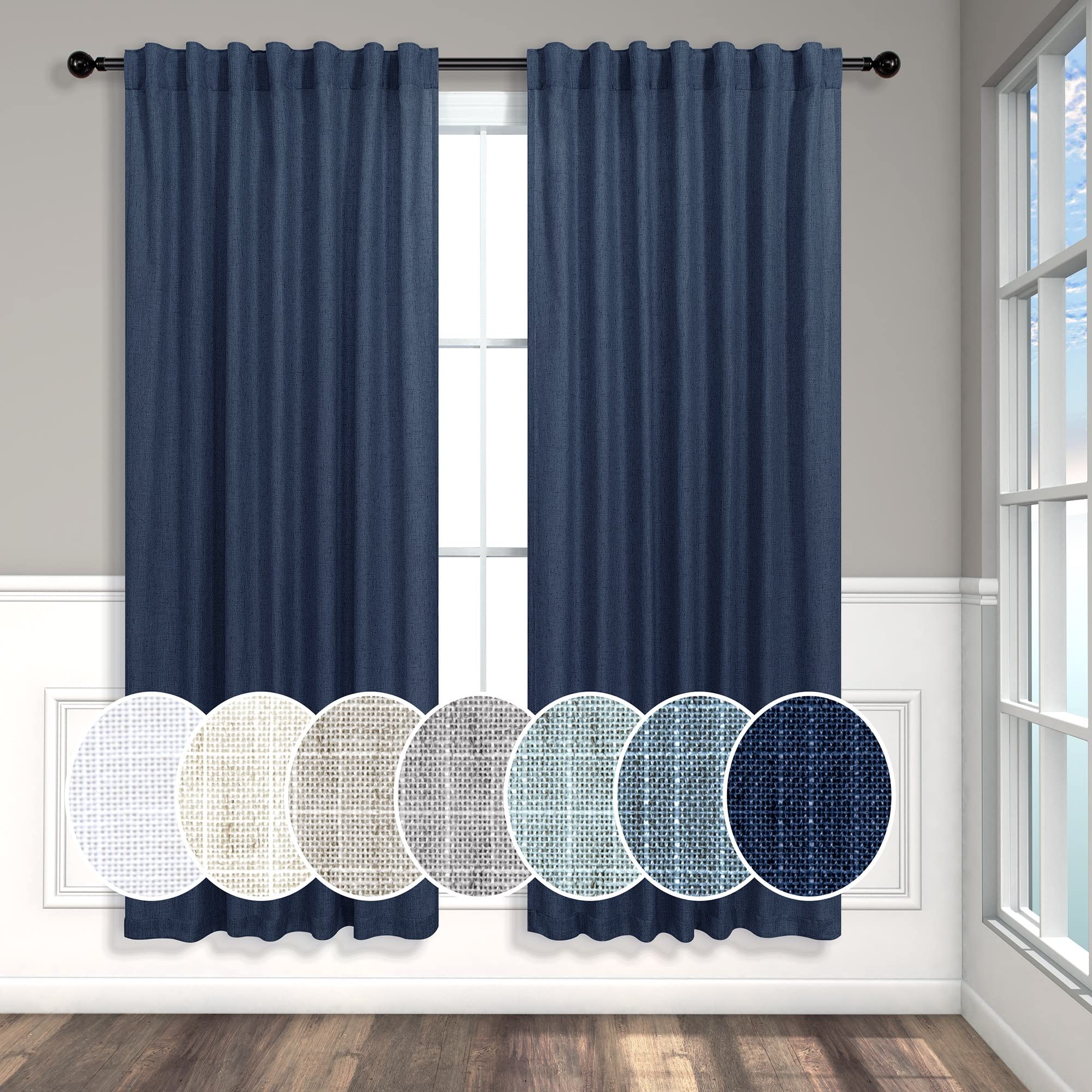 Navy Blue Curtains 72 Inch Length for Living Room Pair Set Back Tab Pocket Linen