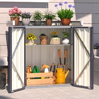 AECOJOY Outdoor Storage Cabinet Waterproof with Floor & Adjustable Shelves | Potting Workbench Table, Small Vertical Weatherproof Box, Lockable Doors, Easy Assembly, Garden Cabinet for Patio, Dark Grey