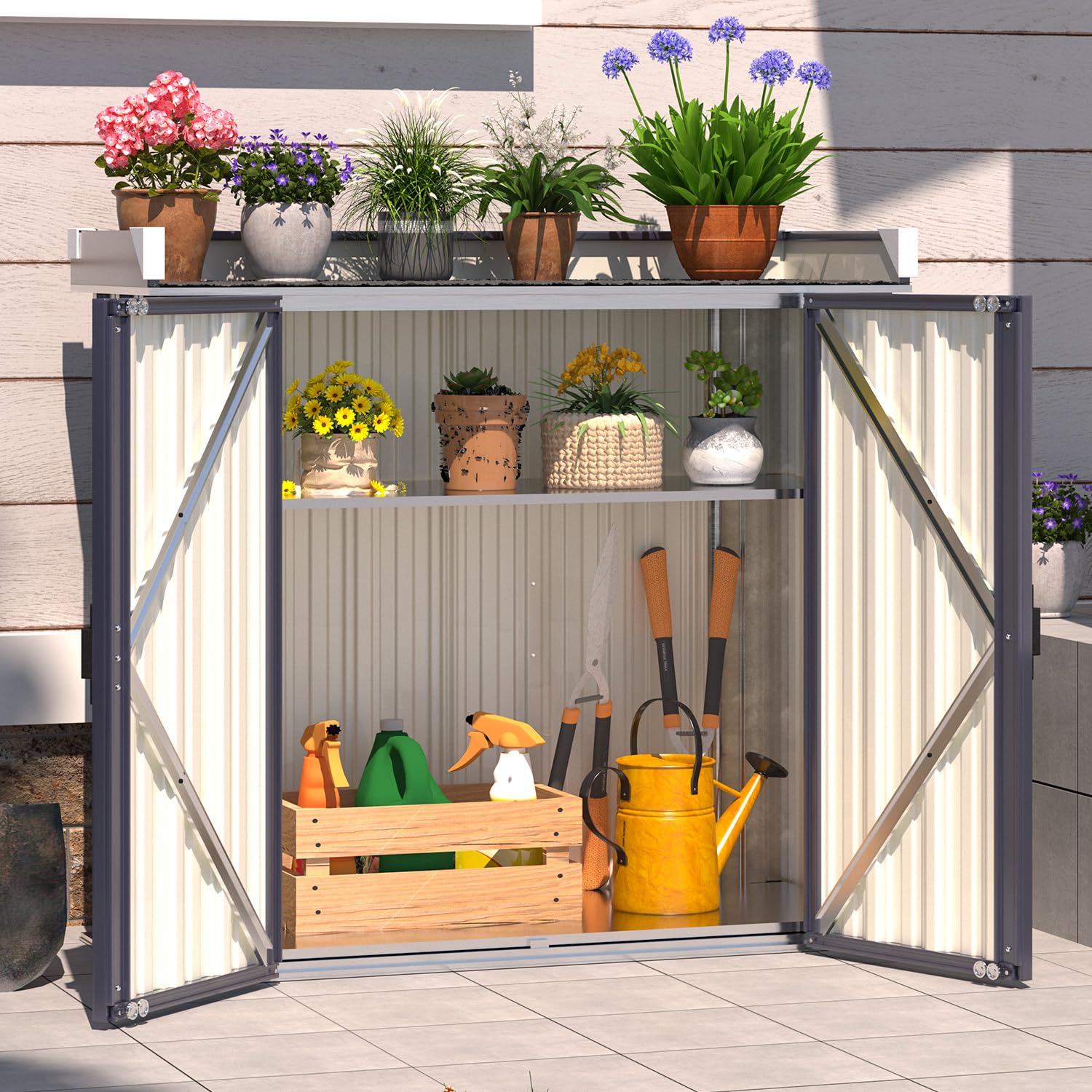 AECOJOY Outdoor Storage Cabinet Waterproof with Floor & Adjustable Shelves | Pot