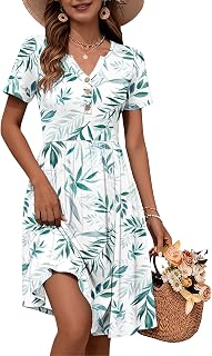 WNEEDU Vestido de verano para mujer, de manga corta, casual, holgado, con botones, cintura elástica, con bolsillos