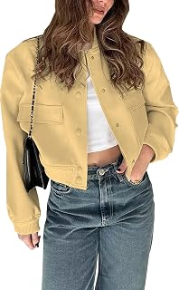 Megfie Women's Short Bomber Jacket Button Down Jacket Overshirt