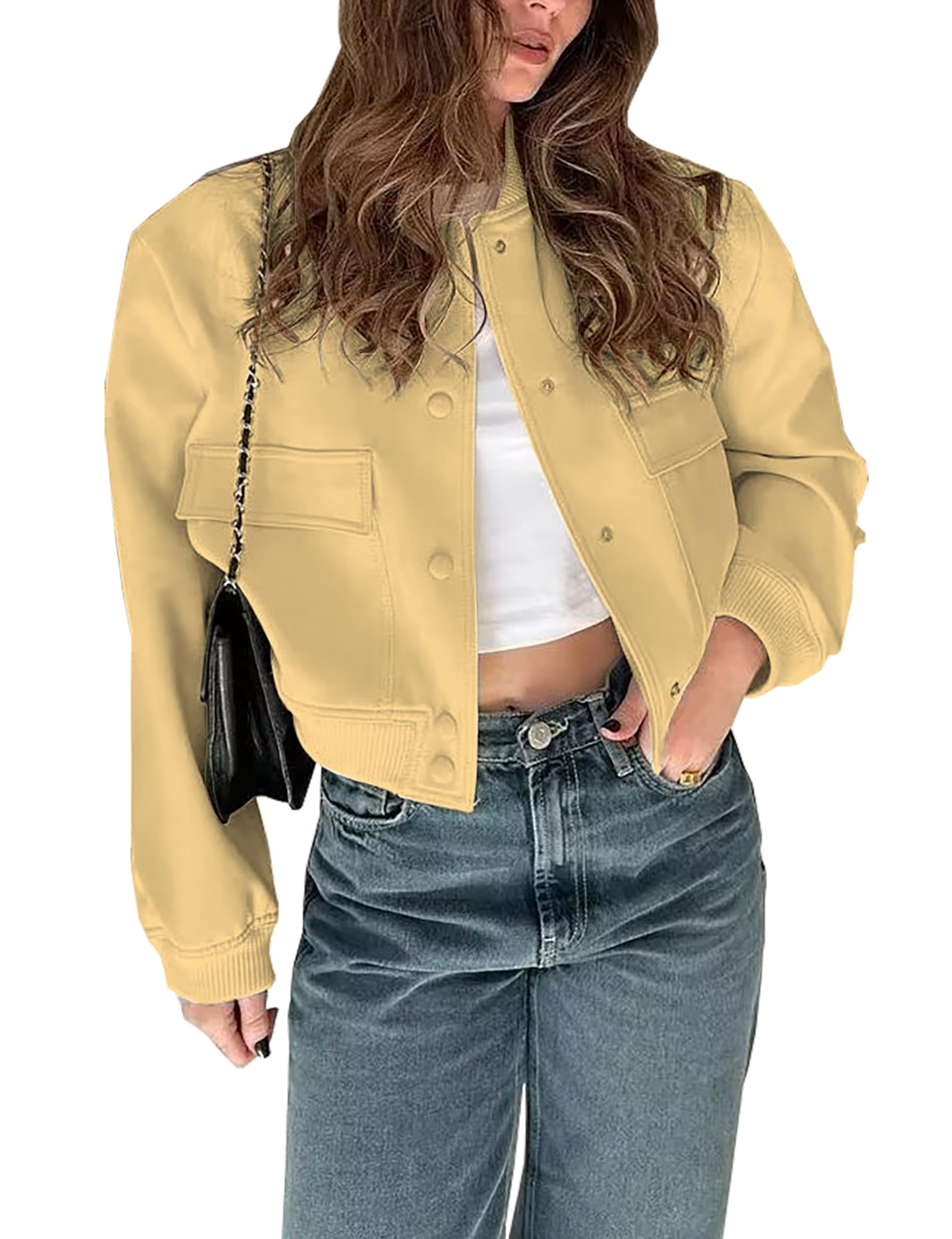 Megfie Women's Short Bomber Jacket Button Down Jacket Overshirt