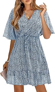KIRUNDO Womens Summer Dresses 2026 Casual Spring Short Sleeve V Neck Ruffle Floral Print High Waist Belted Flowy Mini Dress