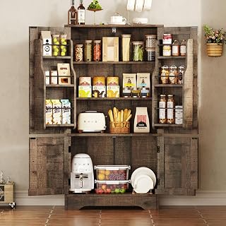 TEENFON Storage Cabinet with 4 Doors, 43.3" H Farmhouse Kitchen Cabinet with 6 Door Shelves, Kitchen Storage Cabinets with Adjustable Shelves, for Living Room, Antique Oak, 30×60×110CM