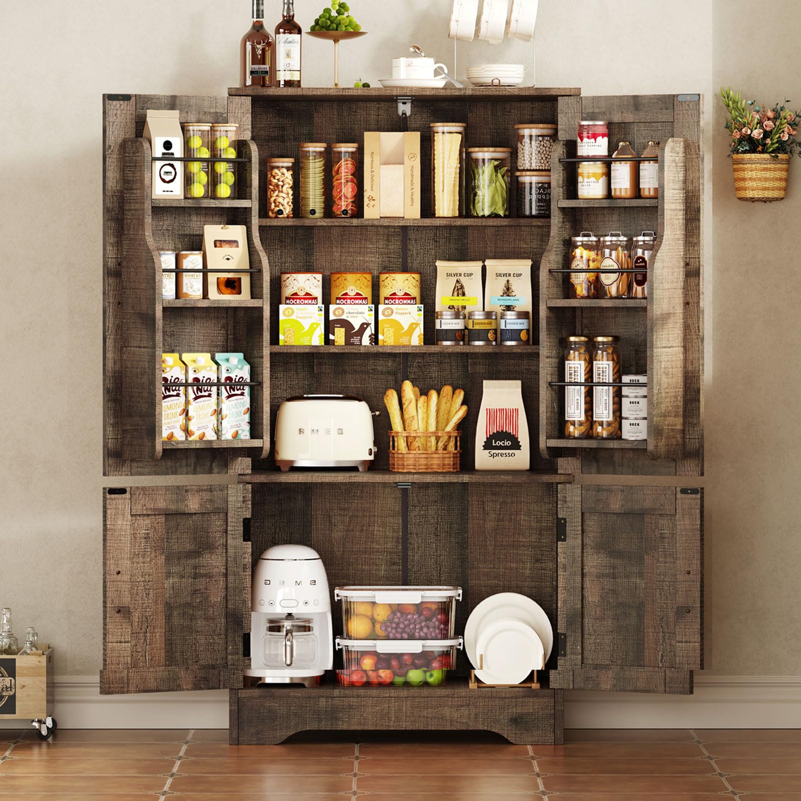 TEENFON Storage Cabinet with 4 Doors, 43.3" H Farmhouse Kitchen Cabinet with 6 D