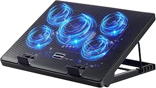 Kootek Laptop Cooling Pad Cooler Stand with 5 Quiet Fans for 12"-17" Laptop | 5 Quiet & High‑Performance Laptop Fan for 360° Full Coverage, USB‑Powered, 2 Extra USB Hubs, 6 Adjustable Height, Blue LED
