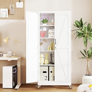 baoliwo 71" Metal Storage Locker Cabinet with Wheels and Lock,Rolling White Lockable Garage Cabinet with 4 Adjustable Shelves, Steel File Tool Cabinet for Home Office Warehouse Gym