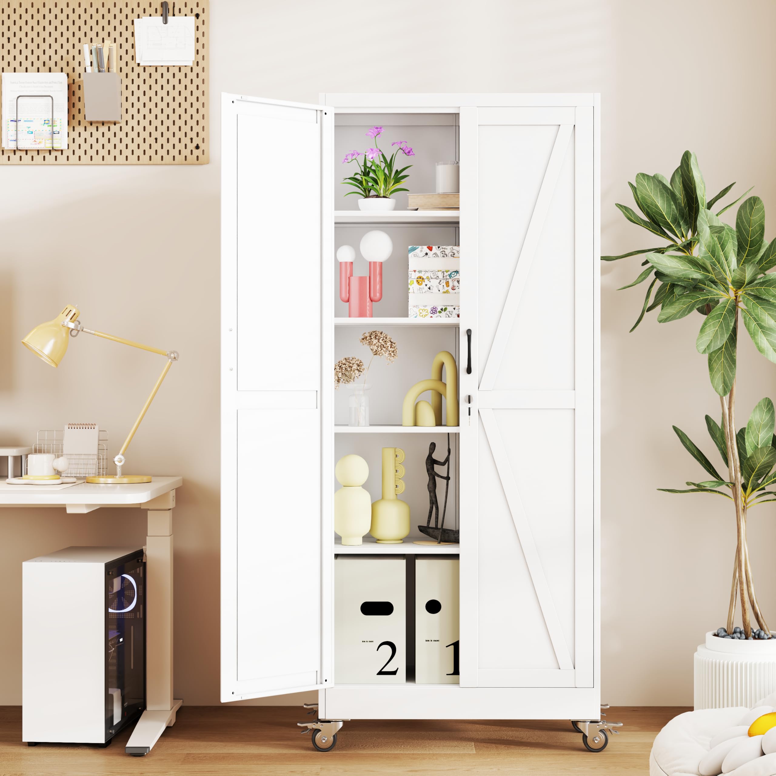 baoliwo 71" Metal Storage Locker Cabinet with Wheels and Lock,Rolling White Lock