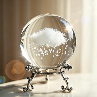 2.3 Inch 3D Engraved Inner Sculpture Rain Cloud Crystal Paperweight with Silver Base, Feng Shui Decorative Ball, Glass Figurine Ball for Home Art Decoration