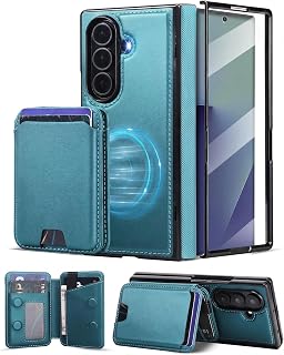 Samsung Galaxy Z FOLD 7 PU Leather Magnetic Case with Detachable Wallet,Compatible with Magsafe,Built-in Screen Protector,Anti-Slip and Drop Protection Case Blue Green