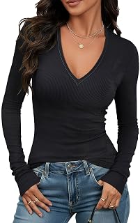 Prettywear Sexy Deep V Neck Long Sleeve Tops Women Ribbed Going Out Casual Basic T-Shirt 2025 Autumn Clothes
