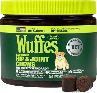 Wuffes Advanced Hip & Joint Chews for Small & Medium Breed Dogs, Vet Recommended, Glucosamine, Chondroitin, MSM, Green-Lipped Mussel & Hyaluronic Acid Supplement, Supports Mobility, 60 Pork Chews