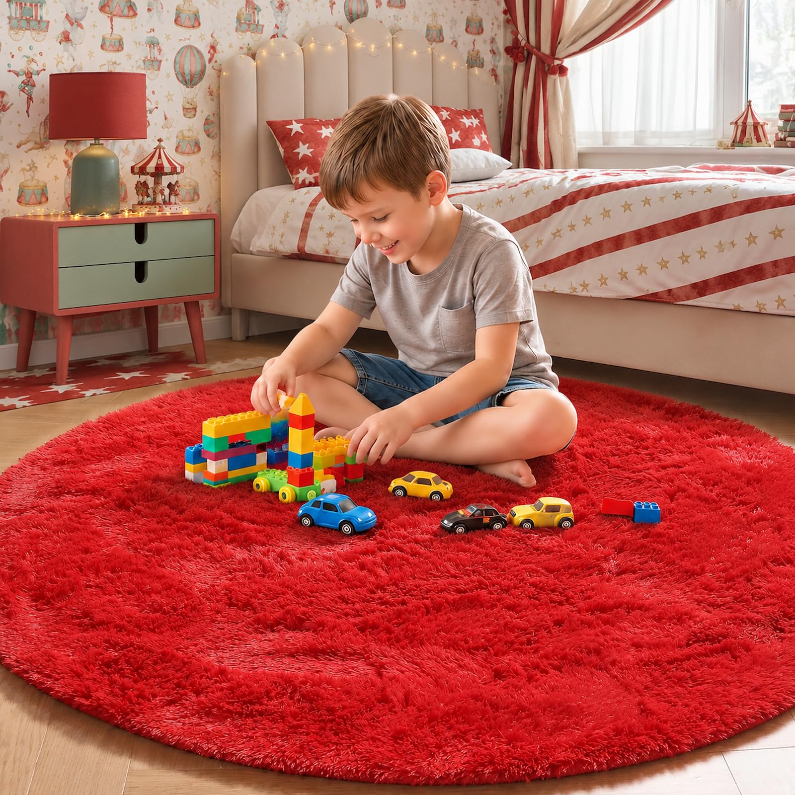 Red Fluffy Round Rug Circle Area Rugs 4ft for Kids Girls Boys Teen Bedroom
