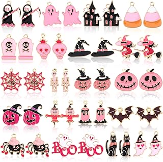 MARFOREVER 40 Pcs/20 Pairs Pink Halloween Charms for Jewelry Making | Assorted Enamel Halloween Pendants, Pumpkin Ghost Skull Witch Charm, Bracelet Necklace Earring Crafting, DIY Gift Accessories
