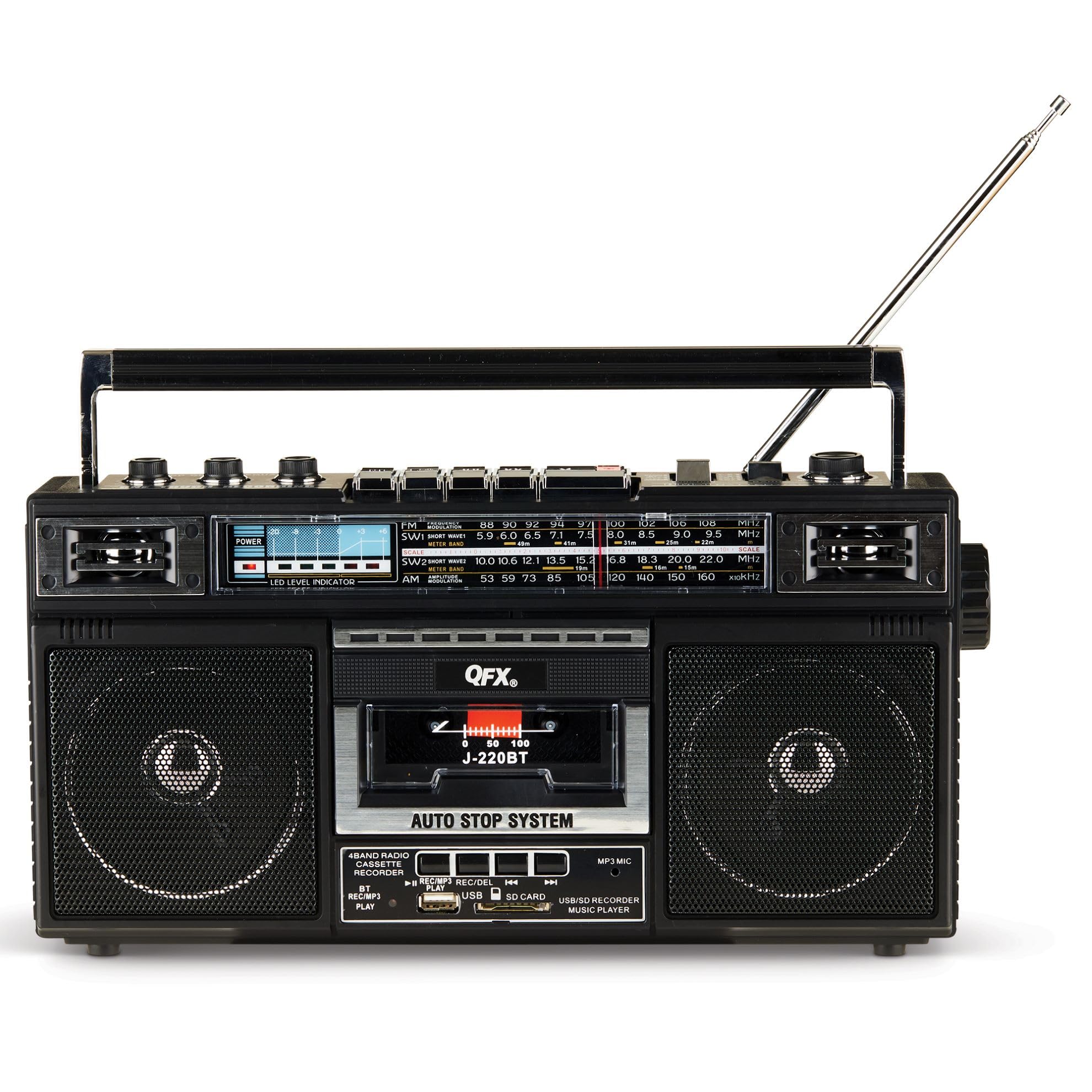 QFX Retro Bluetooth Boombox Cassette Tape Player Recorder, J-220BT, Black | Port