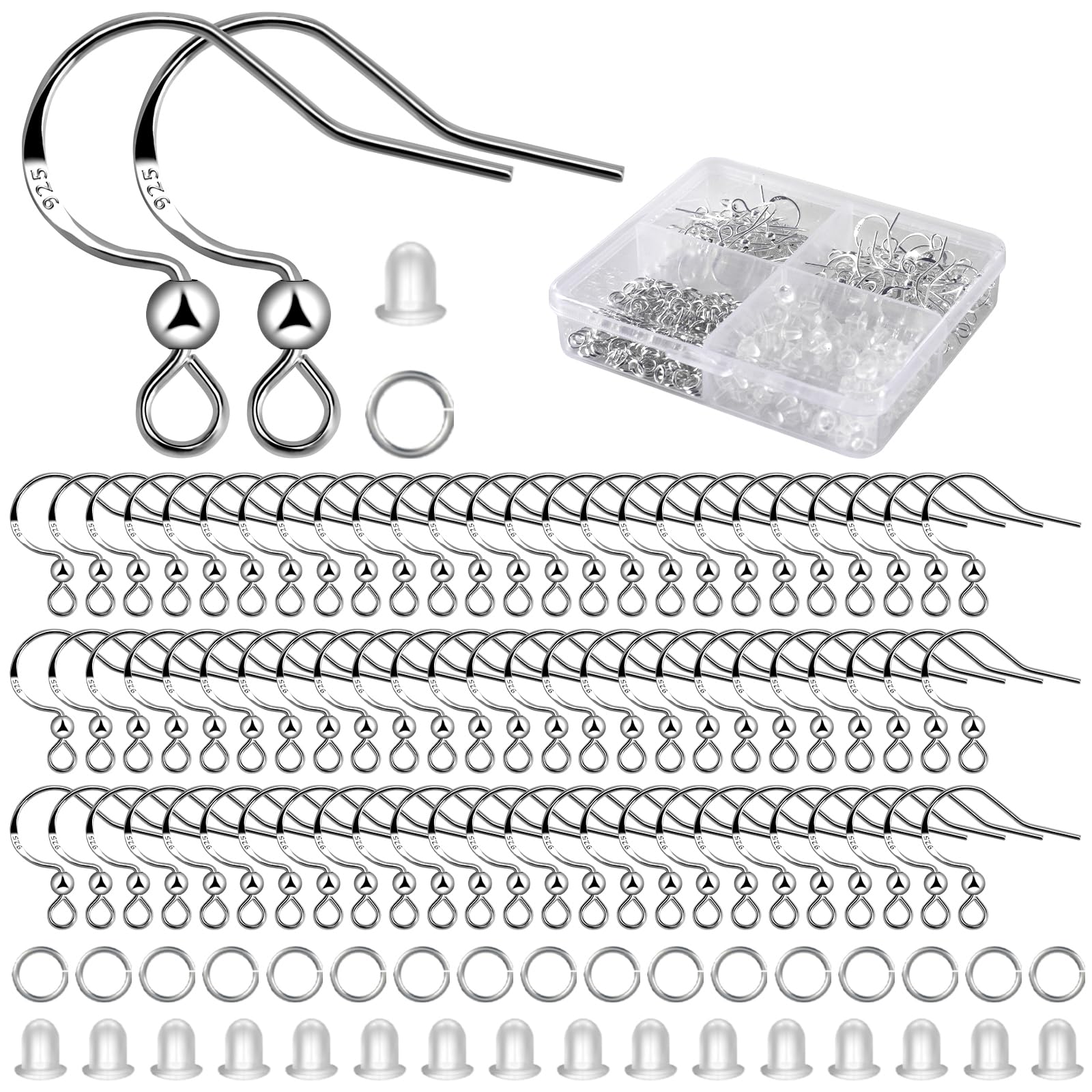 Set of 400 Silver French Earrings Hooks - Fish Hook Earwires, Jump Rings & Silic