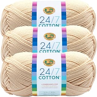 Lion Brand Yarn, 24/7 Cotton Yarn, Ecru, Off White, 3 Pack | Light Worsted 100% Mercerized Cotton Yarn for Crochet, Knitting, Craft, 185 Yards of Natural Fiber for Tees, Bags, Dishcloths