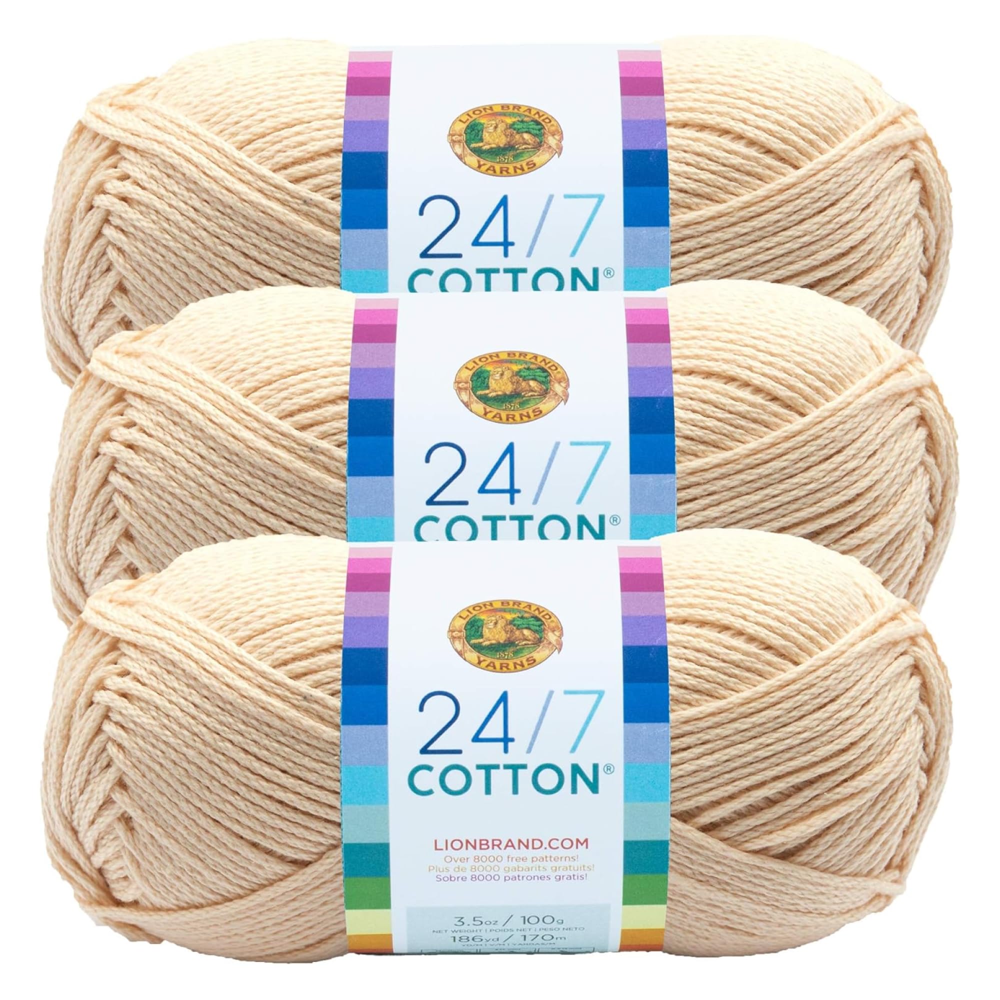 Lion Brand Yarn, 24/7 Cotton Yarn, Ecru, Off White, 3 Pack | Light Worsted 100% 