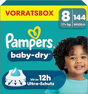 Pampers Baby-Dry Size 8, 144 Nappies, 17 kg+ | Up to 100% leakage protection & comfort all night long