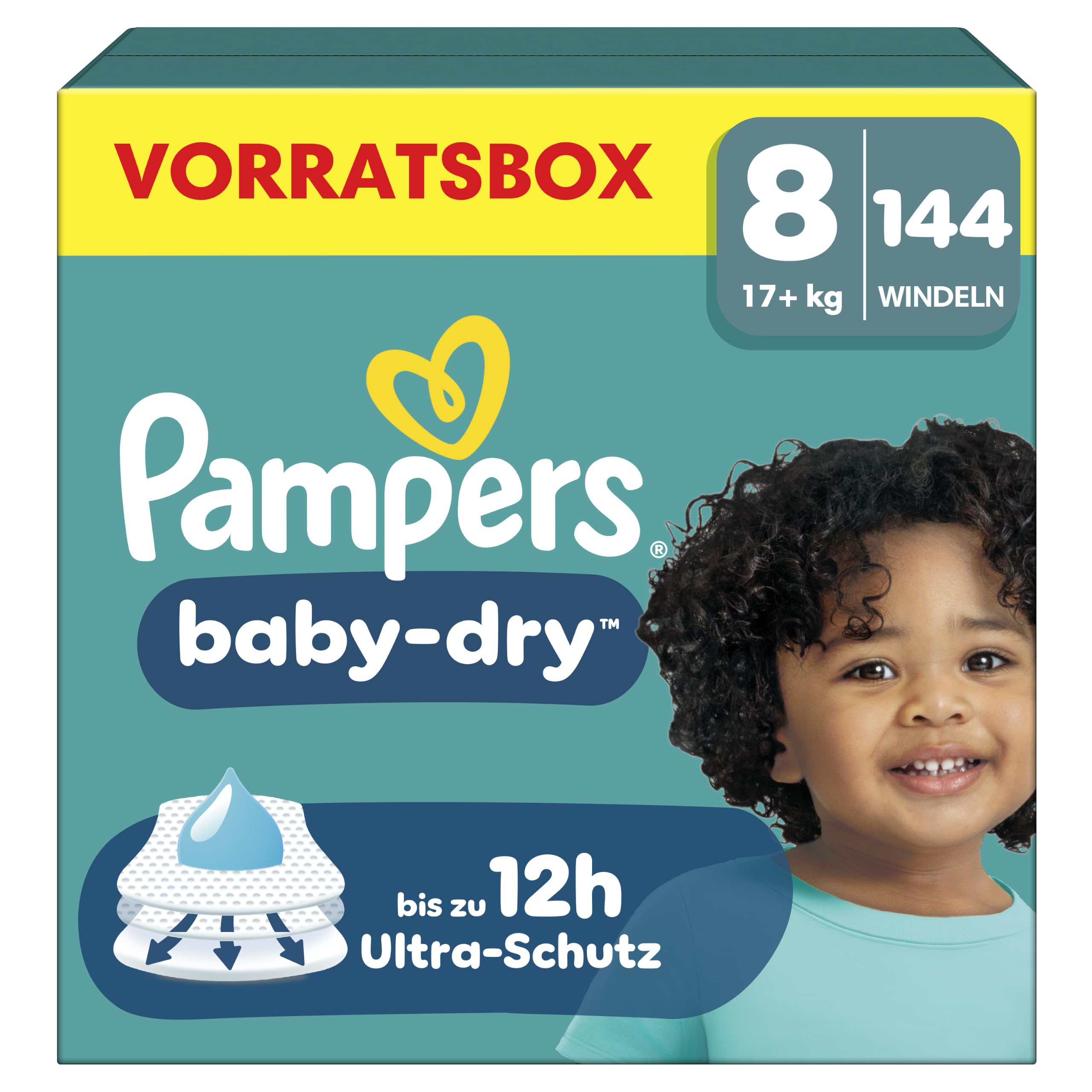 Pampers Baby-Dry Size 8, 144 Nappies, 17 kg+ | Up to 100% leakage protection & c