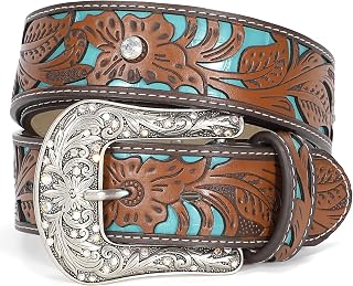 JASGOOD Leather Western Belt for Men Women Floral Engraving Cowboy Belt Bolt Buckle Longhorn Waist Belt for Jeans Pants