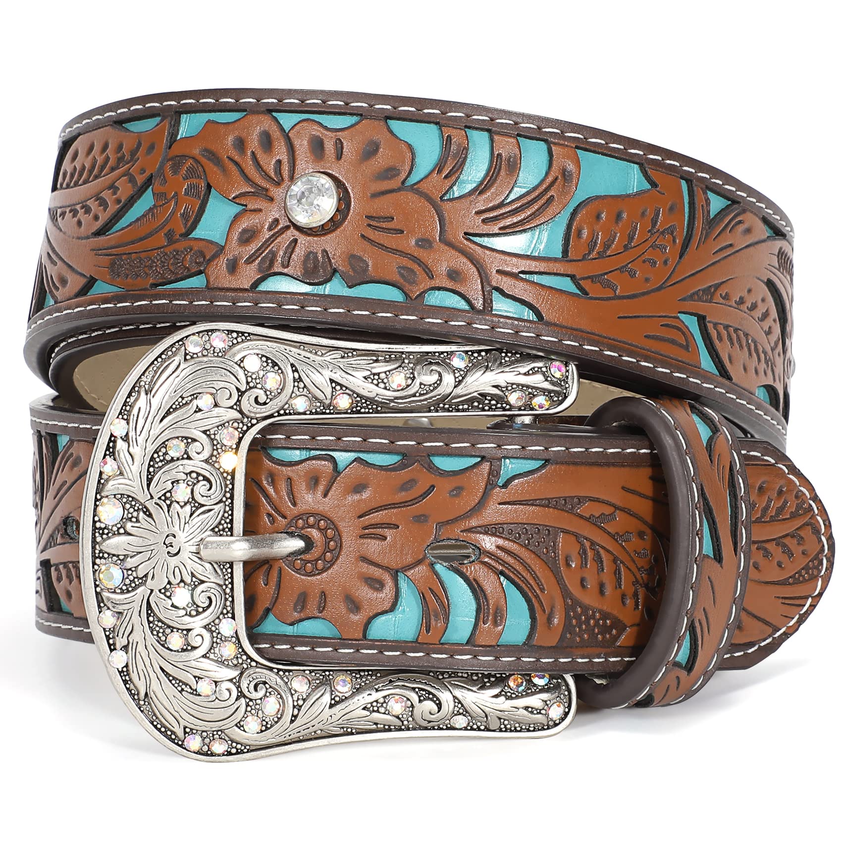 JASGOOD Leather Western Belt for Men Women Floral Engraving Cowboy Belt Bolt Buc