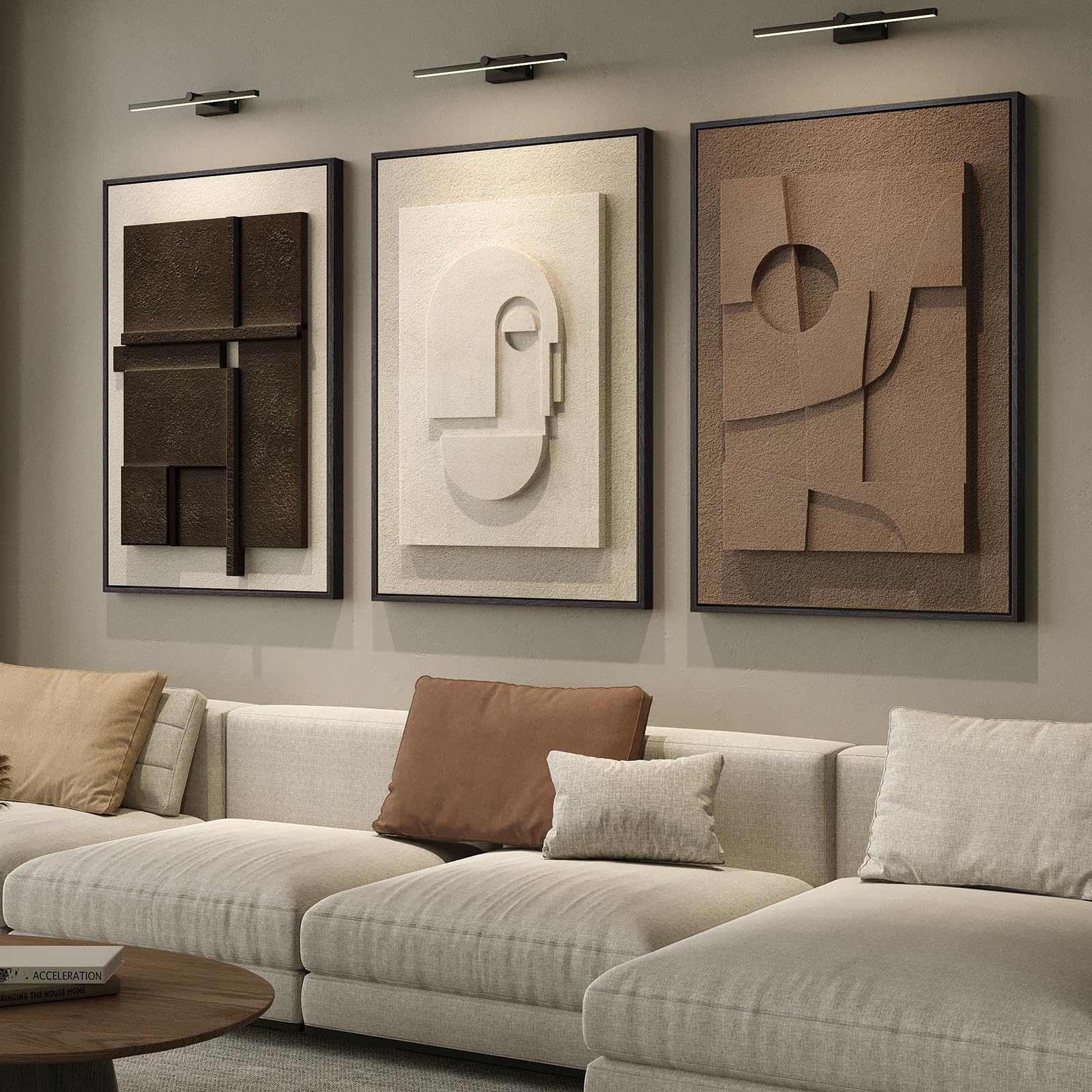 3D Large Framed Brown Abstract Wall Art for Living Room, 3Piece 24x36 In | Solid