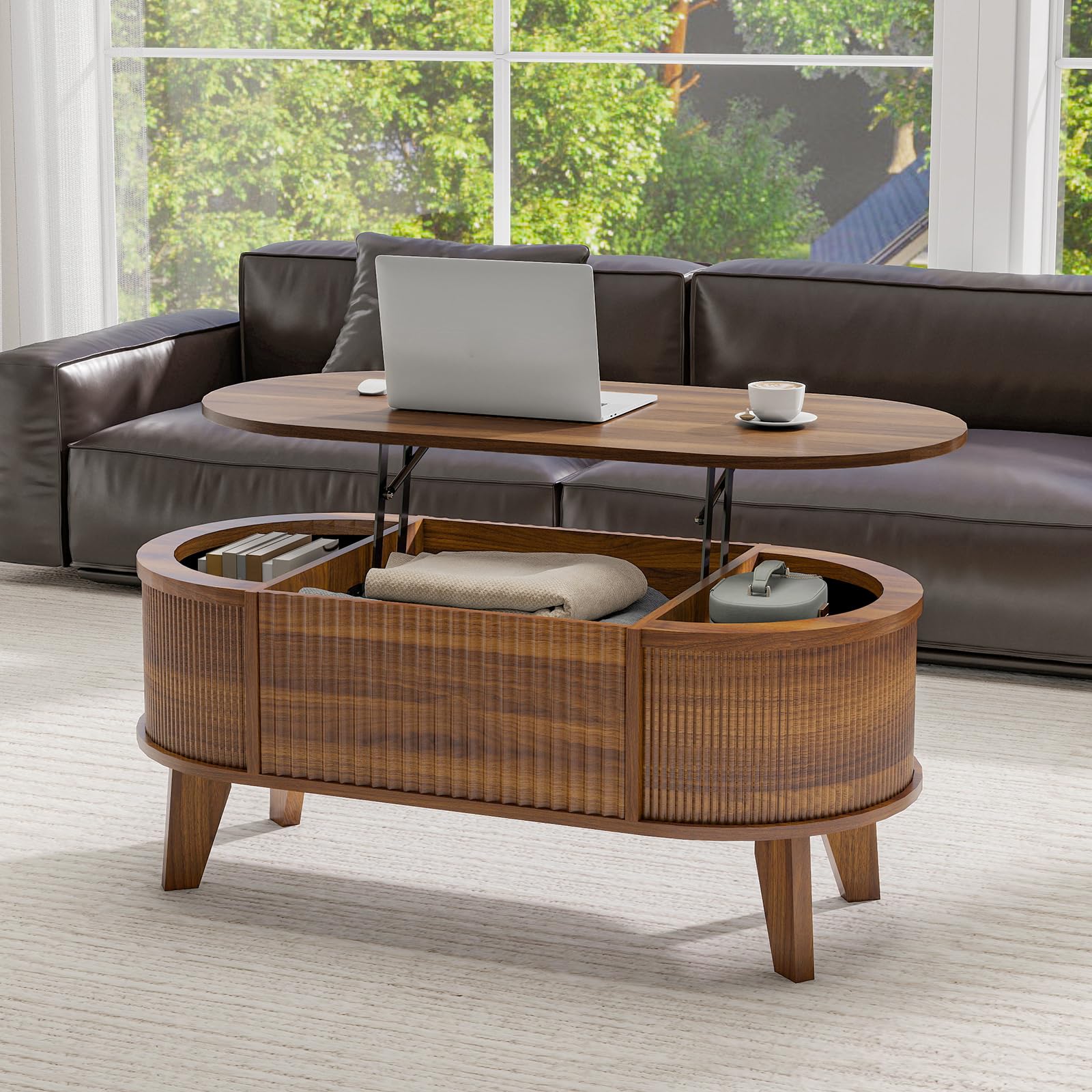 LYNCOHOME Fluted Lift Top Coffee Table with Hidden Compartment, Modern Oval Coff