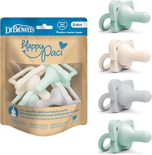 Dr. Brown's HappyPaci Baby Pacifier, Gray, Green, Ecru, 0-6m, 4-Pack | Pack of 4 Pacifiers, 100% Silicone, Contoured One-Piece Design, BPA-Free