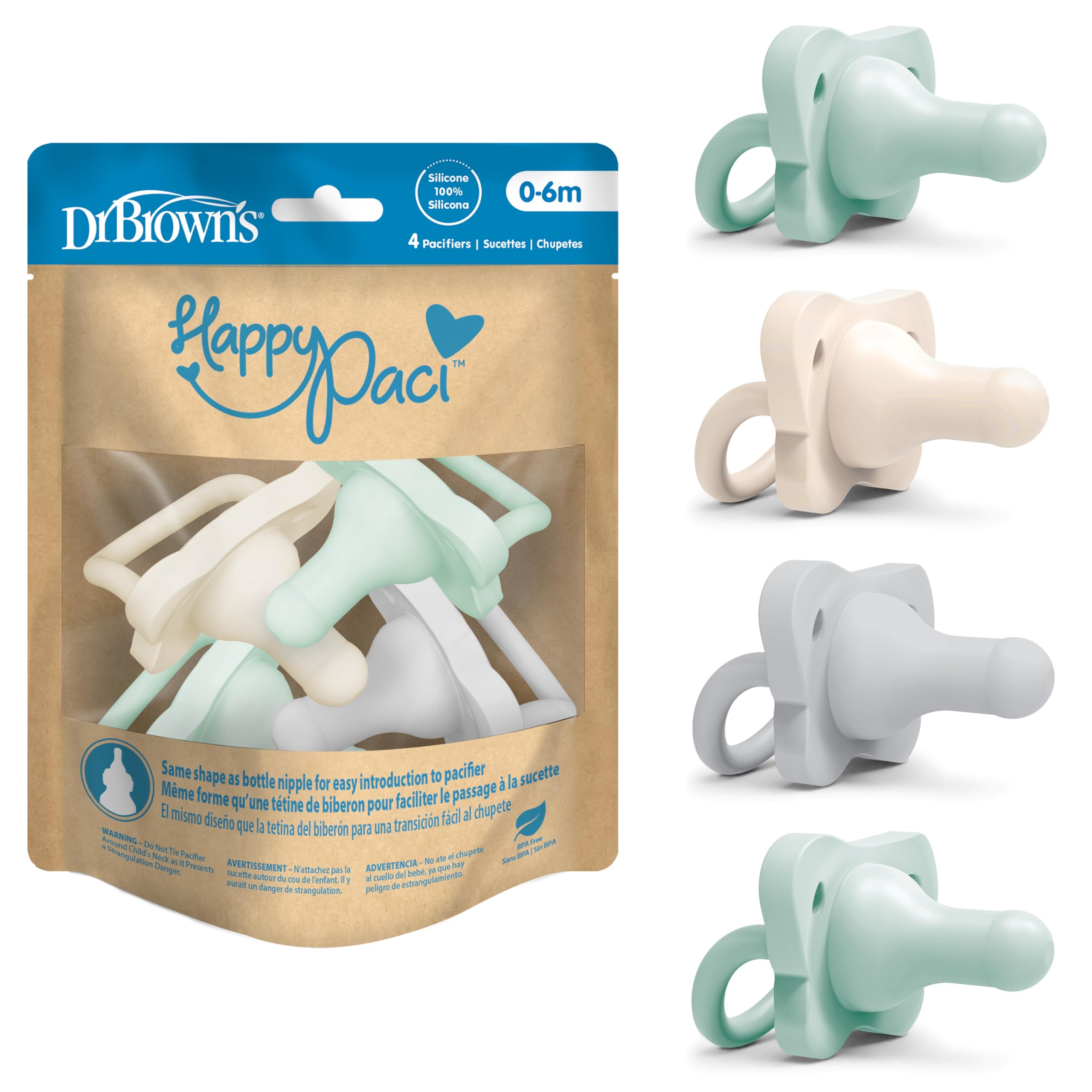 Dr. Brown's HappyPaci Baby Pacifier, Gray, Green, Ecru, 0-6m, 4-Pack