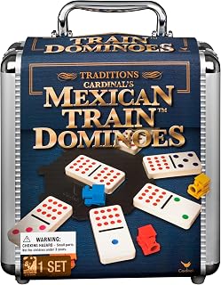 Spin Master Games Mexican Train Dominoes Set in Metal Case Classic Game | Includes 91 Dominoes, Plastic Trains & Case, Easy-to-Read Color-Coded Pips, Practice Matching Skills, 2-8 Players, Ages 8+
