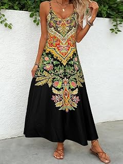 Spaghetti Strap V-Neck Boho Ethnic Floral Maxi Dress Sleeveless Flowy Summer Vacation Sundress
