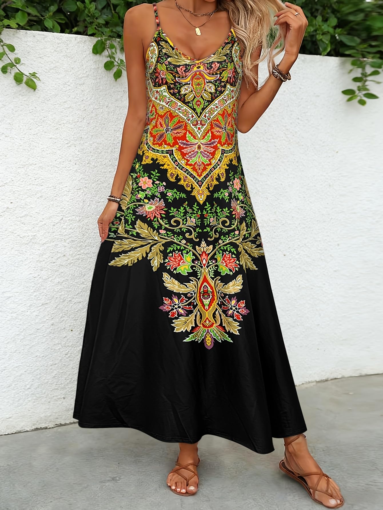 Spaghetti Strap V-Neck Boho Ethnic Floral Maxi Dress Sleeveless Flowy Summer Vac
