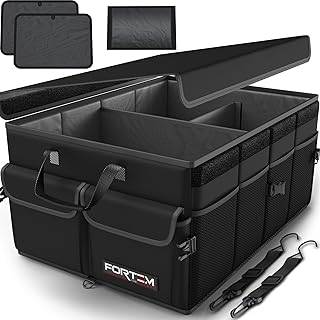 FORTEM Trunk Organizer - Foldable Car Organizer &amp; Storage for SUVs &amp; Trucks | Car Accessories for Men Women, Collapsible Bag, Non Slip Bottom, Straps, Soft Cover, 600D Oxford, Black, 3 Compartments, 50L