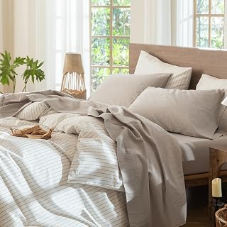 MooMee 100% Washed Cotton Linen Look Textured Bed Sheet Set Breathable Soft Durable Comfortable (Cream Heather Grey, Full Bed)
