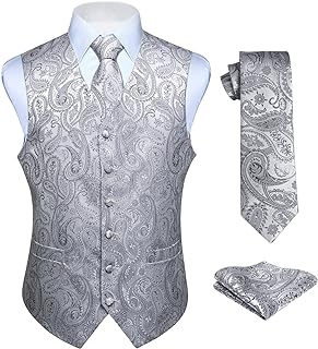 Hisdern Men's Floral Wedding Waistcoat, Tie and Handkerchief Set, Jacquard Waistcoat Suit Set